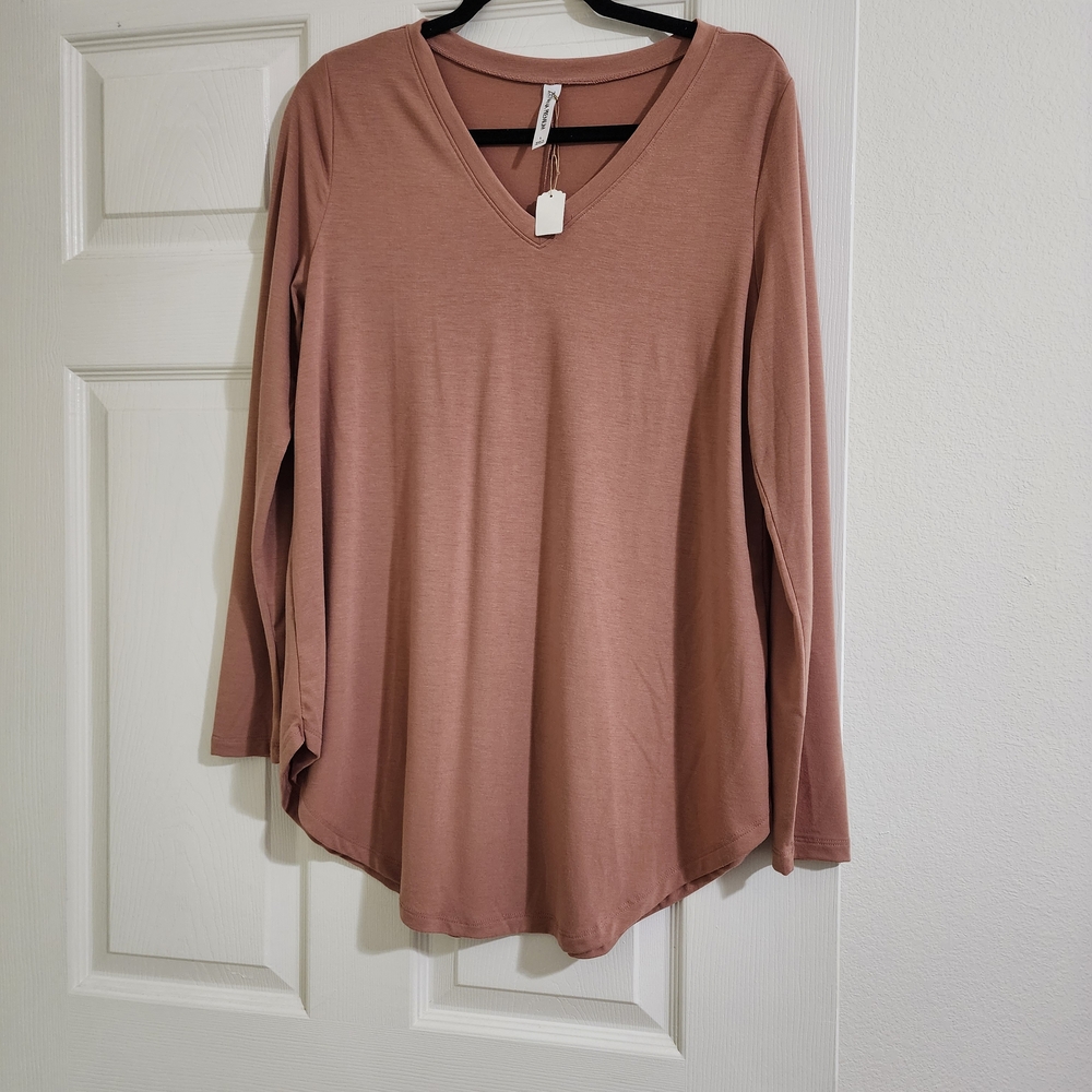 Zenana V-Neck Long Sleeve Top - Brown Size L NWT